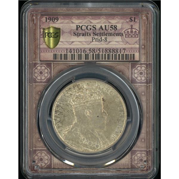 Straits Settlement, 1909, $1, PCGS AU58. Special label. (51888817)
