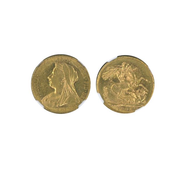 Australia, 1901M, Victoria Old Head, 1 Sovereign gold coin, NGC AU58. AGW: 0.2355oz  (8545198-001)