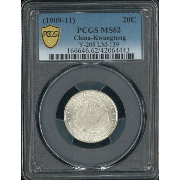 China, Kwangtung,  1909-11, 20 cents. PCGS MS62. (42064443)