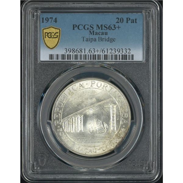 Macau, 1974, Taipa Bridge, $20 silver coin. PCGS MS63+. (61239332)