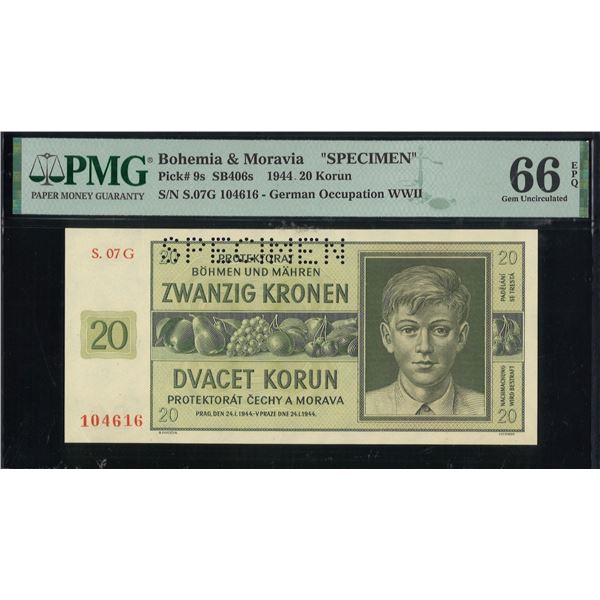 Bohemia, 1944, 20 Korun Specimen, S.07G 104616. PMG 66EPQ.