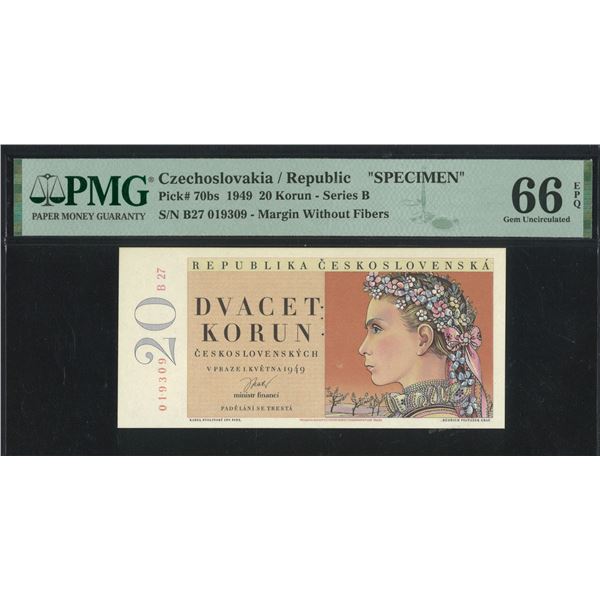 Czechoslovakia/ Republic, 1949, 20 Korun Specimen, B27 019309. PMG 66EPQ.