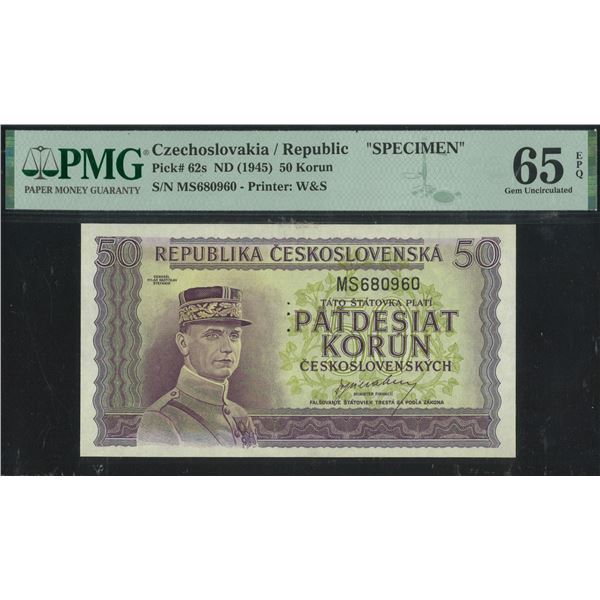 Czechoslovakia/ Republic, ND(1945), 50 Korun Specimen, MS680960. PMG 65EPQ.