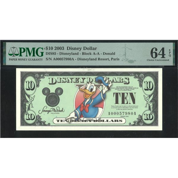 Disneyland, 2003, Donald Duck $10 Disney Dollars, A00057980A. PMG 64EPQ.
