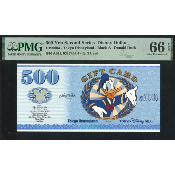 Disneyland - Tokyo, Donald Duck  500 Yen Disney Dollars, A01L 03174444. PMG 66EPQ.