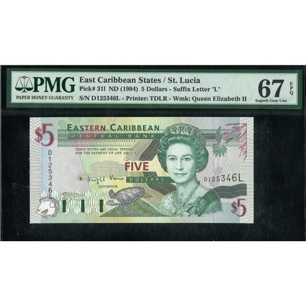 East Caribbean States/ St. Luica, ND (1994), $5 ,D125346L. PMG 67EPQ.