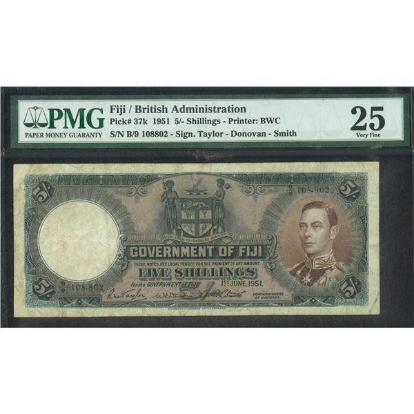 Fiji, 1951, King George VI 5/- Shillings, B/9 108802. PMG 25.