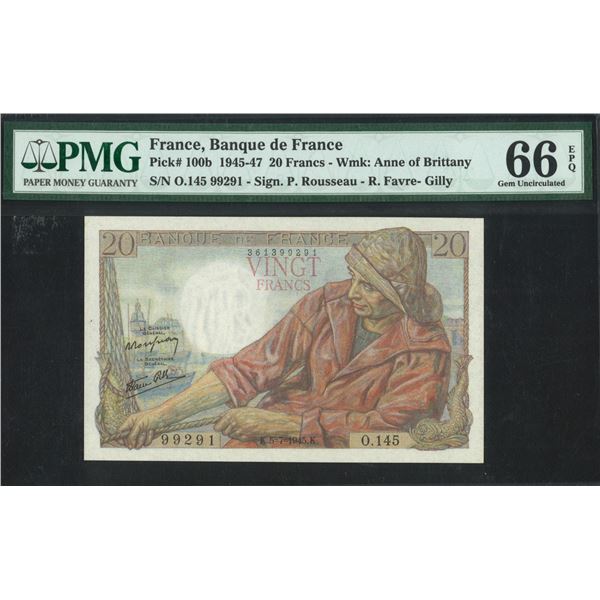 France, 1945 -47, 20 Francs, O.145 99291. PMG 66EPQ.