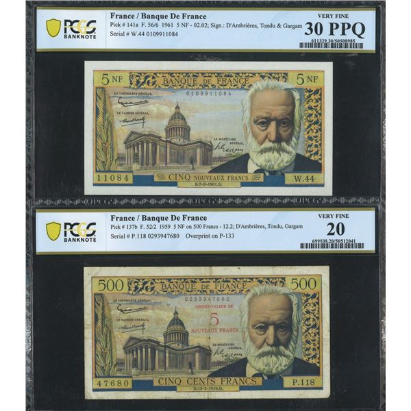 France, lot of (2), 1959 &1961. a pair of 5 NF, P.118 0293947680 PCGS 20 Very Fine & W.44 0109911084