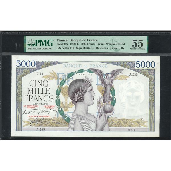 France, 1938-40, 5000 Francs, A.235 041. PMG 55.