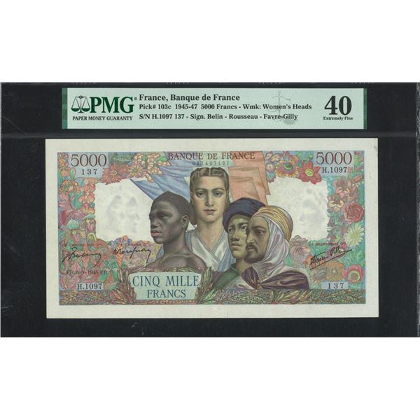 France, 1945, 5000 Francs, H.1097 137. PMG 40. Pinholes, Tears.