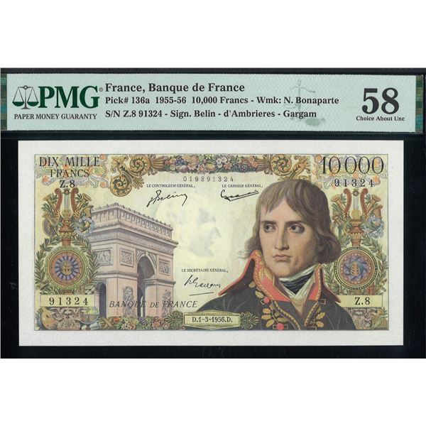 France, 1956, 10000 Francs, Z.891324. PMG 58. Closed Pinholes.