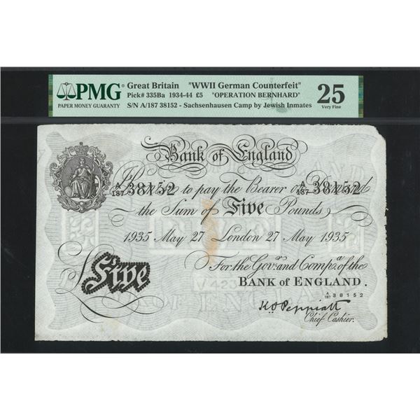 Great Britain, 1934- 43, £5, Operation Bernhard Counterfeits. A/187 38152. PMG 25. Paper Maker's Not