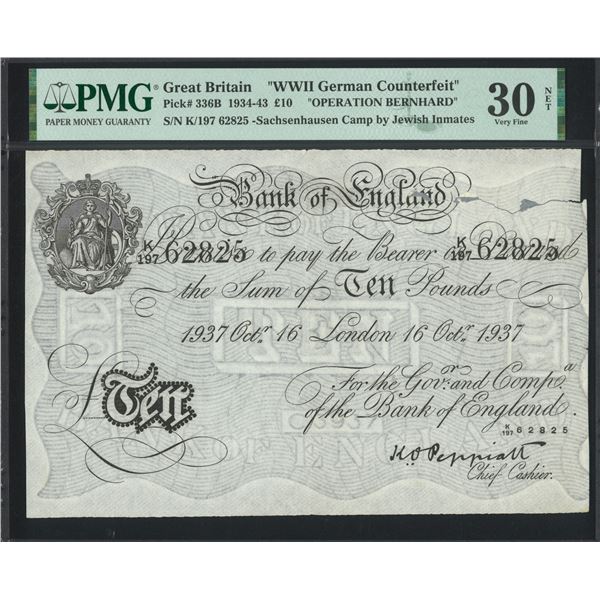 Great Britain, 1934- 43, £10, Operation Bernhard Counterfeits. K/'197 62825. PMG 30Net. Tape Repair,