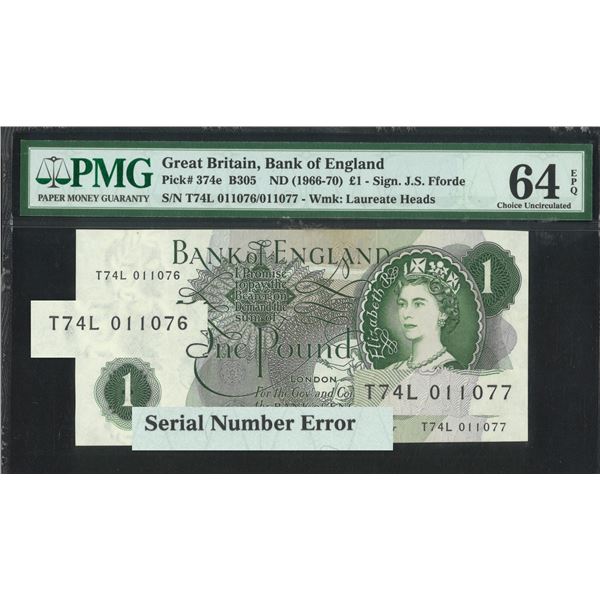 Great Briain, ND (1966-70), £1, T74L 011076/ 011077 PMG 64EPQ. Serial Number (Mismatch) Error.