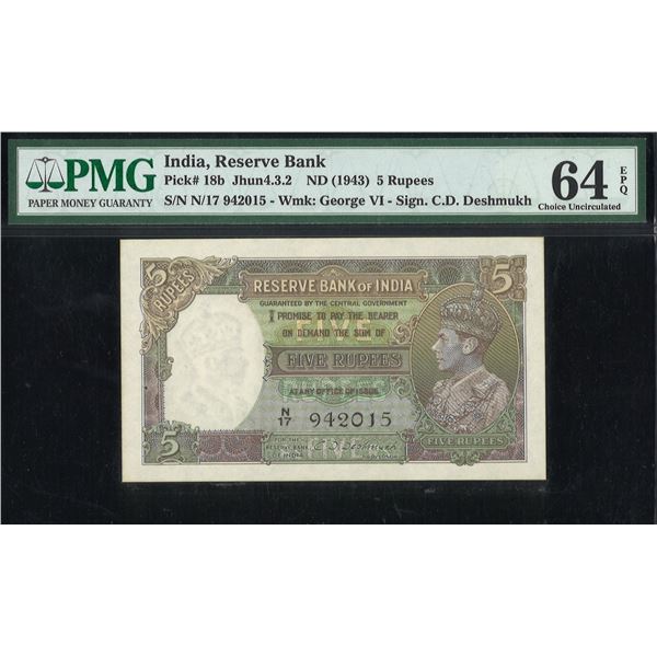 India, ND (1943), King George VI 5 Rupees, N/17 942015. PMG 64EPQ.