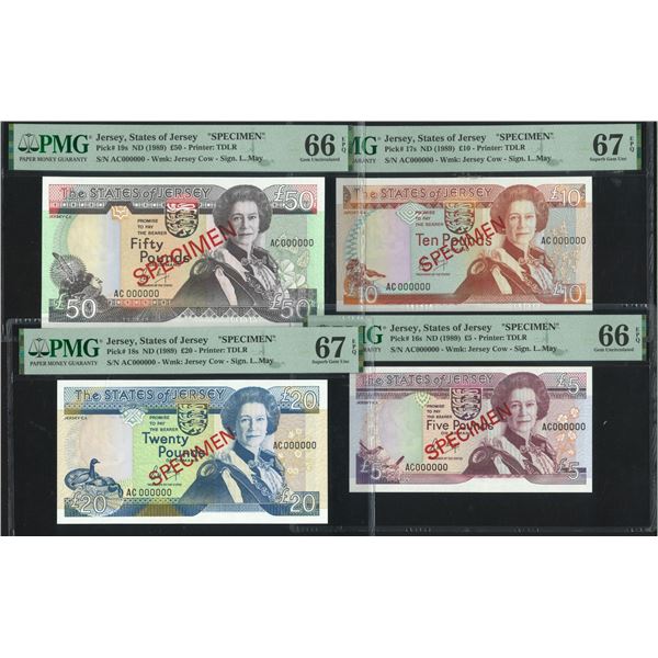 Jersey, ND (1989), Lot of 4. £5/ £10/ £20 /£50, Same S/N: AC 000000. Specimen Set. PMG 66EPQ -67EPQ.