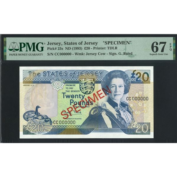 Jersey, ND (1993), £20 Specimen, CC 000000. PMG 67 EPQ. CC Prefix Specimen