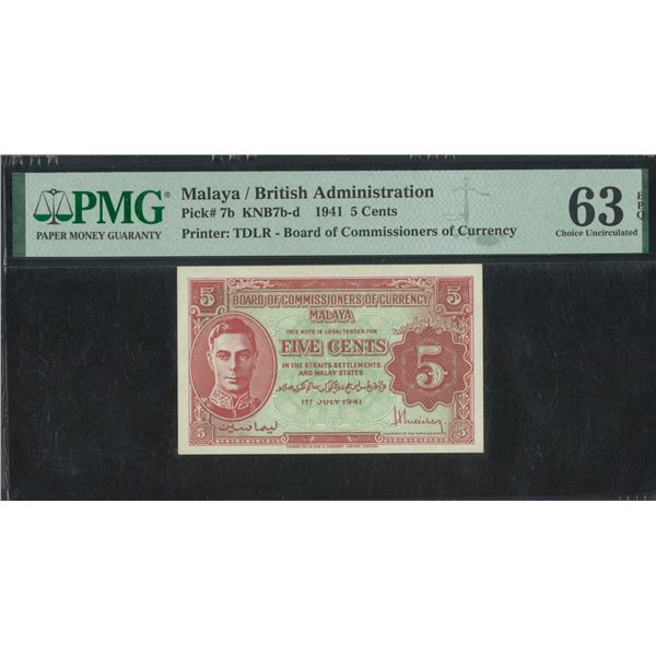 Malaya/ British Adminstration, 1941, King George VI 5 cents. PMG 63EPQ.