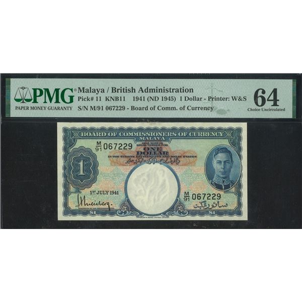 Malaya/ British Administration, 1941 (ND 1945), King George VI $1, M/91 067229. PMG 64.