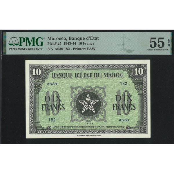 Morocco, 1943-44, 10 Francs, A638 182. PMG 55EPQ.
