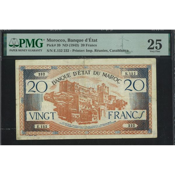Morocco, ND (1942), 20 Francs, E.152 232. PMG 25. Paper Pull.
