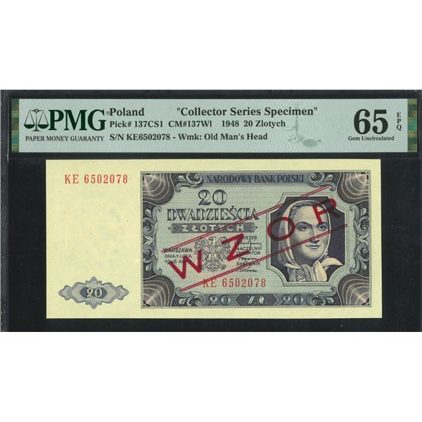 Poland, 1948, 20 Zlotych, KE6502078. PMG 65EPQ. Collector Series Specimen.