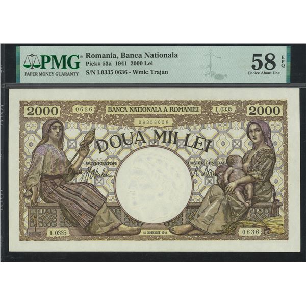 Romania, 1941, 2000 Lei. I.0335 0636. PMG 58EPQ.