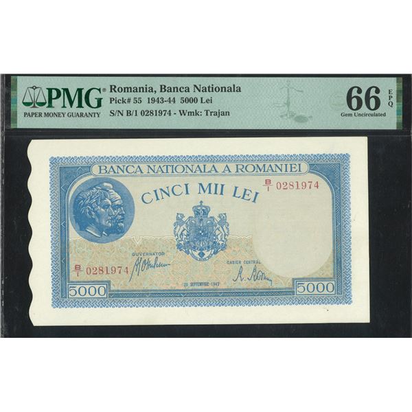 Romania, 1943-44. 5000 Lei. B/1 0281974. PMG 66EPQ.