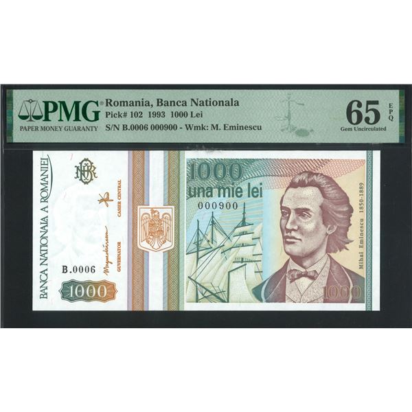 Romania, 1993, 1000 Lei, B.0006 000900. PMG 65EPQ. S/N: 900.