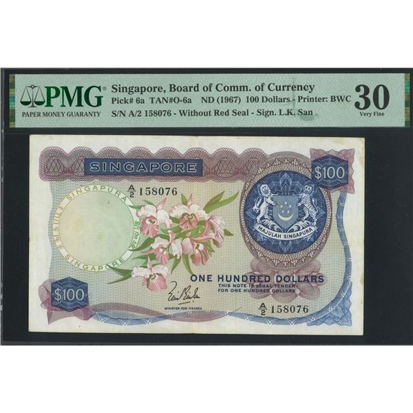 Singapore, ND (1967), $100, A/2 158076. PMG 30. Rare.
