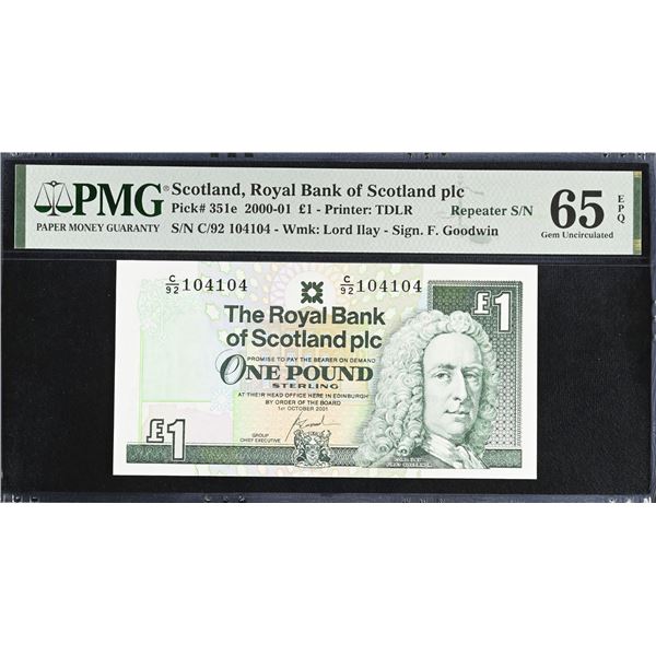 Scotland, 2001, £1, C/92 104104. PMG 65EPQ. Repeater S/N.