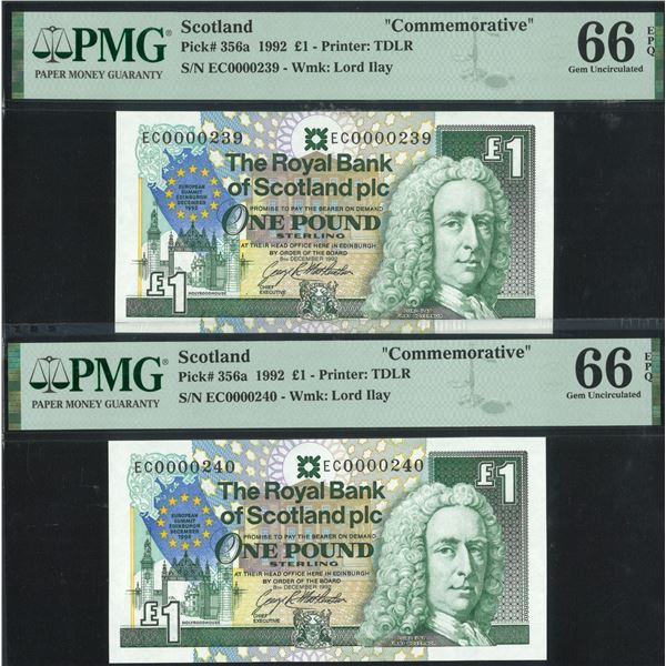 Scotland, 1992, £1,  consecutive of (2), EC 0000239 & 240. Both PMG 66EPQ. Commemorative. Low S/N