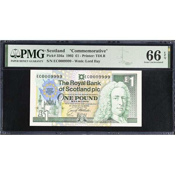 Scotland, 1992, £1, EC 0009999.  PMG 66EPQ. Commemorative. Fancy S/N: 9999.