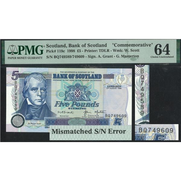 Scotland, 1998, £5, BQ749589/ 749609. Commemorative. PMG 64. Mismatched S/N Error.  Rare