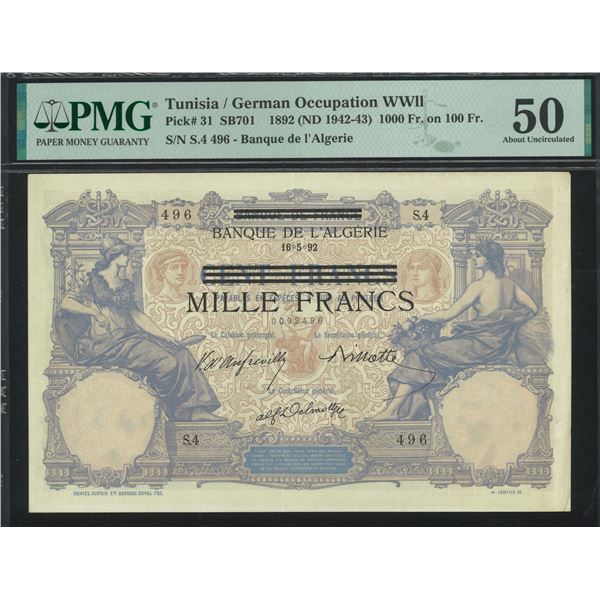 Tunisia/ German Occupation WWII, 1892 (ND 1942-43). 1000 Francs, S.4 496. PMG 50.