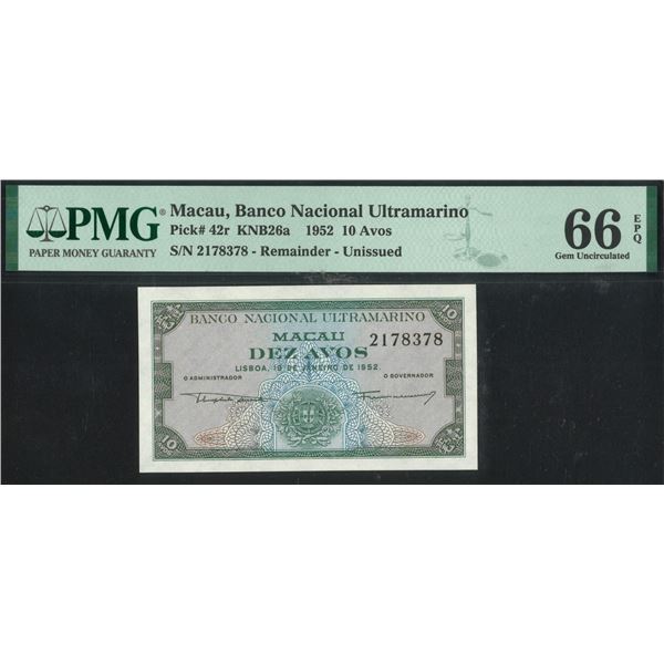 Macau, 1952, 10 Avos, 2178378. PMG 66EPQ. Remainder, Unissued. Rare.
