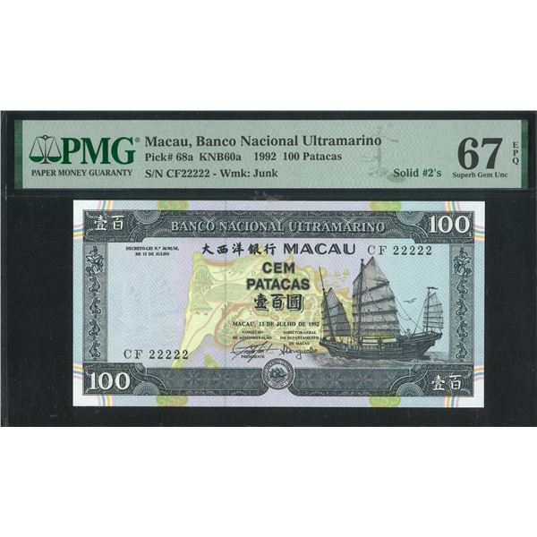 Macau Banco Nacional Ultramarino, 1992, 100 Patacas, CF22222. PMG 67EPQ. Solid#2.