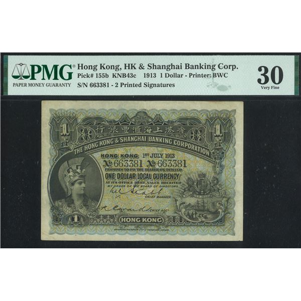 HK & Shanghai Banking Corp. 1913, $1, 663381. PMG 30. Discoloration.