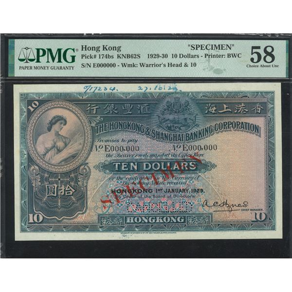 HK & Shanghai Banking Corp. 1929, $10 Specimen, E000000. PMG 58. Printer's Annotation. Previously Mo