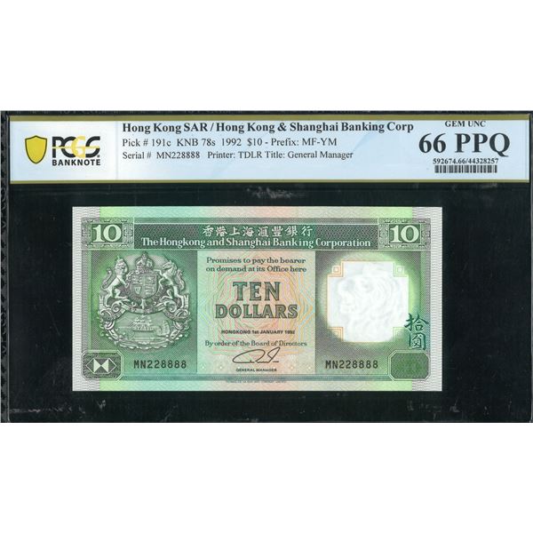 Hong Kong, 1992, $10, MN228888. PCGS 66PPQ. Nice Pairs S/N.