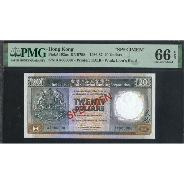 HK & Shanghai Banking Corp. 1986- 87, $20 Specimen, AA000000. PMG 66EPQ.