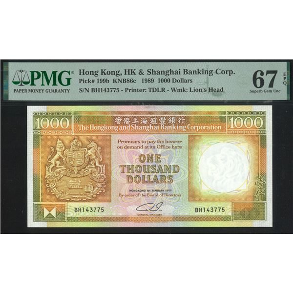 HK & Shanghai Banking Corp. 1989, $1000, BH143775. PMG 67EPQ.