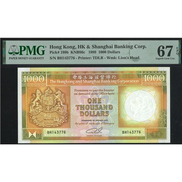 HK & Shanghai Banking Corp. 1989, $1000, BH143776. PMG 67EPQ.