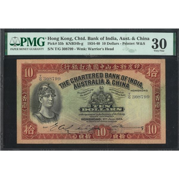 The Chartered Bank of India, Australia & China. 1934, $10, T/G 308799. PMG 30. Hand Signed. Scarce i