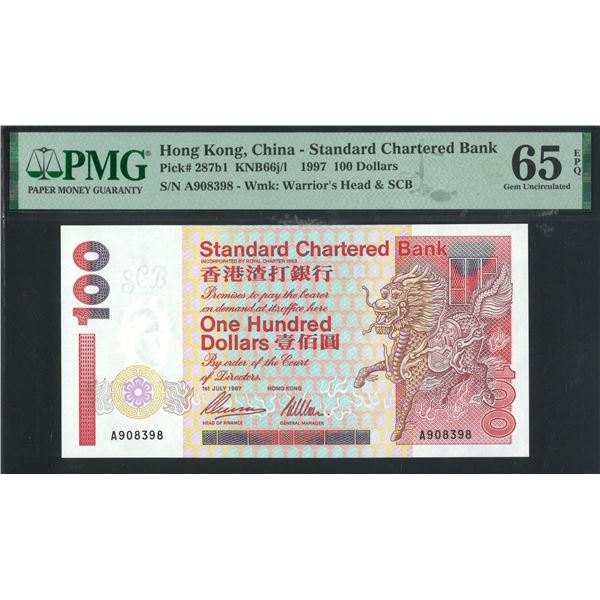 HK Standard Chartered Bank, 1997, $100, A908398. PMG 65EPQ.  A Prefix.