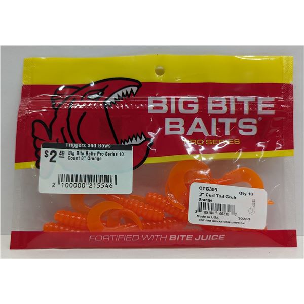 Big Bite Baits Pro Series Curl Tail Grub 10 Count 3" Orange Sku CTG305