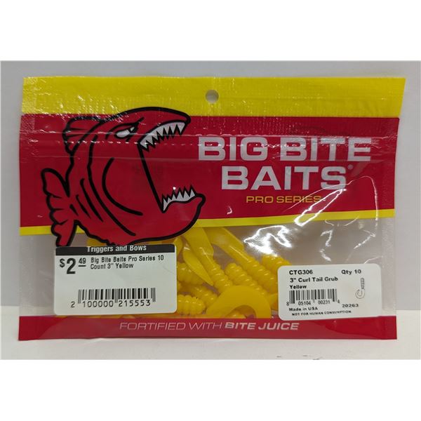 Big Bite Baits Pro Series Curl Tail Grub 10 Count 3" Yellow Sku CTG306