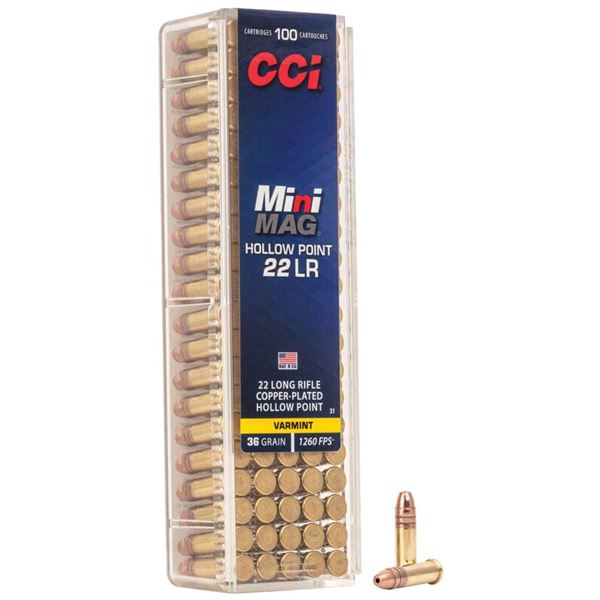 CCI 22 LR Mini-Mag 36 Grain Copper-Plated Hollow Point (100 Cartridges) Sku 31