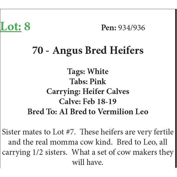 70 Bred Heifers Base Weight: 1050